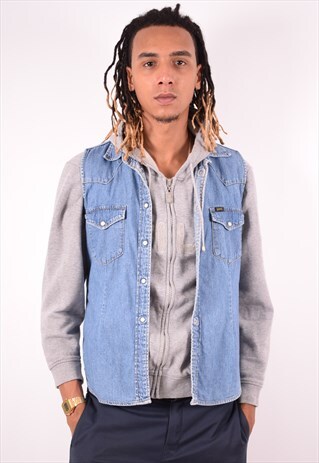 LEE MENS VINTAGE DENIM SHIRT SLEEVELESS LARGE BLUE 90S