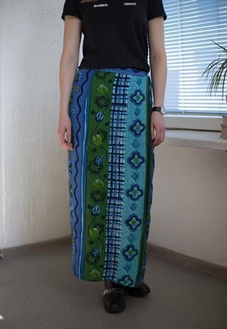 VINTAGE 90'S MAXI BLUE PATTERNED WRAP SKIRT
