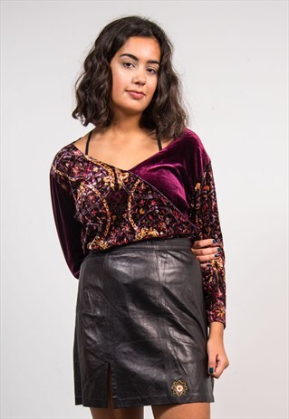 90'S VINTAGE PURPLE FLORAL PATTERNED BOHO VELVET TOP