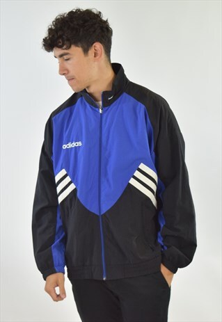 VINTAGE 90S BLACK BLUE ADIDAS ZIP UP TRACKSUIT TOP JACKET