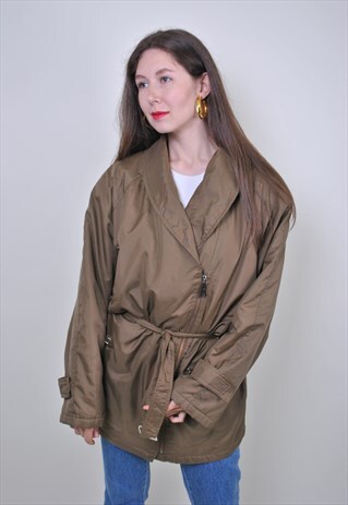 80S VINTAGE BELT COAT, WOMEN SPRING BROWN TRENCH