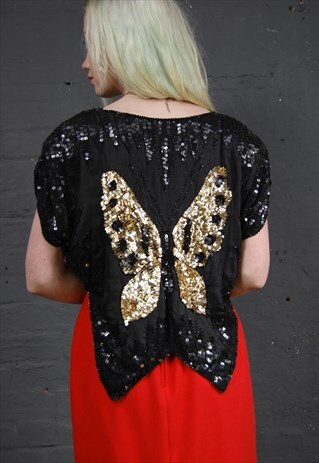 80S SEQUIN TOP WITH GOLD BUTTERFLY