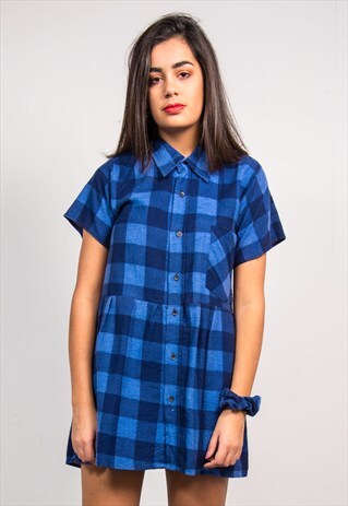 VINTAGE 90'S BLUE CHECK REWORK FLANNEL SHIRT DRESS