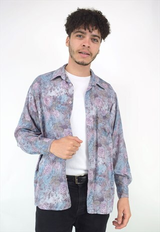 VINTAGE 90'S BLUE & PURPLE FLORAL PRINTED LONG SLEEVE SHIRT