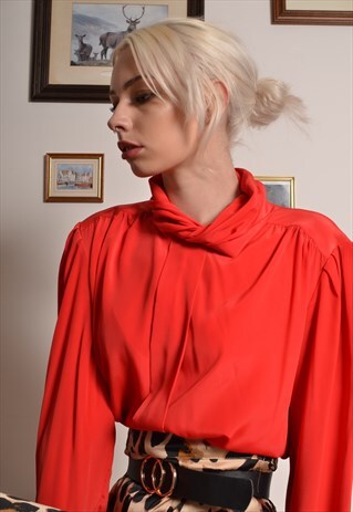 VINTAGE 80S RED SATIN ROLL NECK PLEAT BLOUSE