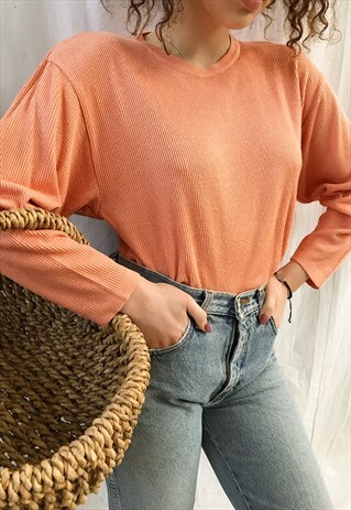 VINTAGE 80S PEACHY PEACHY RIBBED KNIT PASTEL JUMPER SWEATER