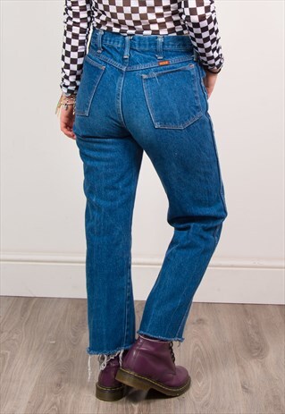 VINTAGE 90'S DARK DENIM HIGH WAIST RAW HEM JEANS