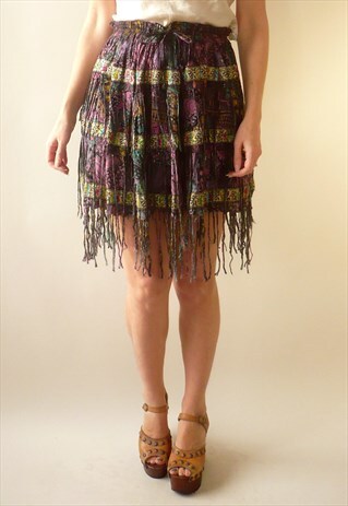 1980'S VINTAGE INDIAN HIPPIE FRINGED TASSEL MINI SKIRT