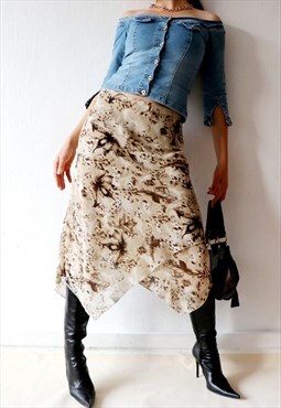Vintage Y2K Mesh Skirt Floral Midi Skirt Asymmetric Hem 00s