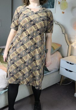 Vintage 70s Tan Abstract Plaid Checkered Floral Shift Dress
