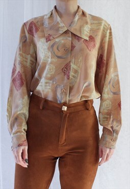 Vintage Blouse Beige Red T681 Size S
