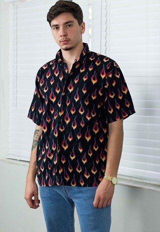 VINTAGE FLAME PATTERN SHIRT 90S M 8.7
