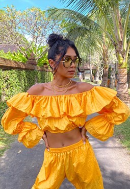 House Of Polly Long Sleeve Crop Frill Top Yellow