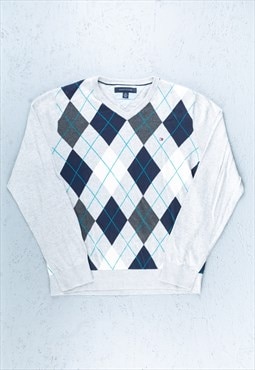 90s Tommy Hilfiger Grey Abstract Pattern Knit Jumper - B2463