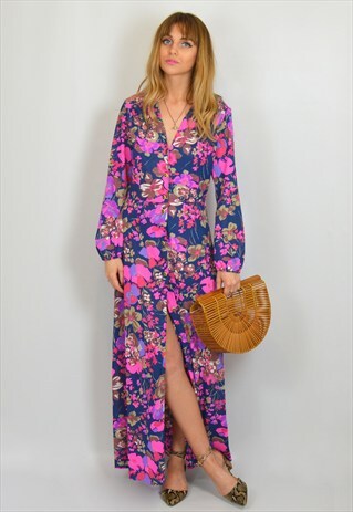 VINTAGE 70S PURPLE PRINT BUTTON THROUGH FESTIVAL MAXI DRESS