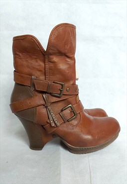 Brown Leather Heeled Boots, Mustang Warm Shoes, SIze 39