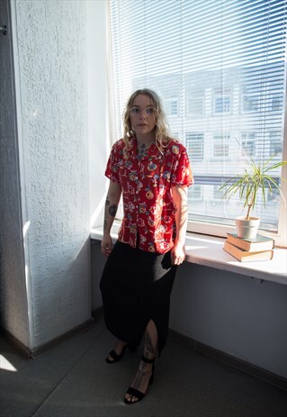 VINTAGE 70'S RED PATTERNED SHORT SLEEVED SHIRT