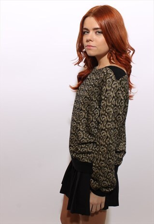VINTAGE 1980'S 80'S PAISLEY GOLD & BLACK KNIT CROPPED TOP M