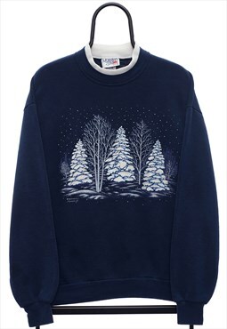 Vintage 90s Snow Forrest Graphic Navy Sweatshirt Womens