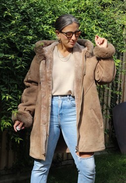 Vintage 1990s oversized suede shearling coat in stone
