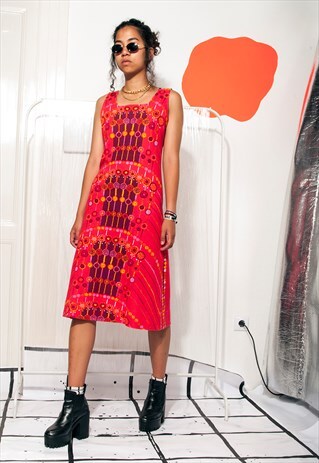 VINTAGE DRESS 70S PSYCHEDELIC RED COTTON DRESS