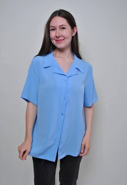90's minimalist blouse, vintage blue button up shirt - LARGE