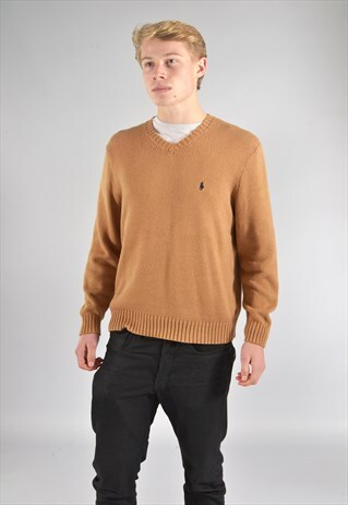 VINTAGE RALPH LAUREN BEIGE V NECK KNIT JUMPER