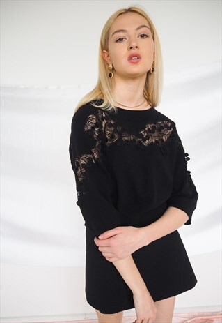 VINTAGE CHLOE BLACK SEMI SHEER EMBROIDERED CROP JUMPER