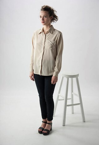 LONG SLEEVE SILKY BLOUSE / BEIGE LIGHT BUTTON UP