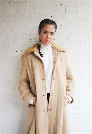 VINTAGE LADIES 90'S FAUX FUR COLLAR LONG WINTER COAT/JACKET
