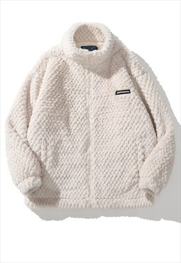 Textured fleece jacket fluffy sports bomber in light cream