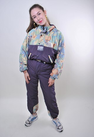 VINTAGE MULTICOLOR HOODED SKI SUIT, ABSTRACT GREY SNOW SUIT