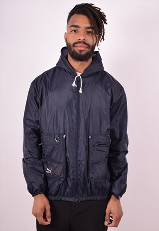 PUMA MENS VINTAGE RAIN JACKET LARGE NAVY BLUE 90S