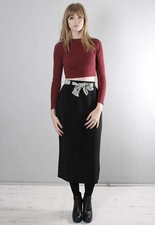 VINTAGE 80S BLACK TEXTURED PENCIL MIDI SKIRT