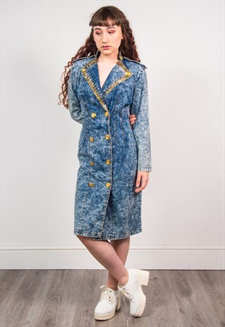 VINTAGE 80'S ACID WASH BLUE DENIM GOLD STUDDED DRESS