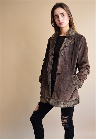 VINTAGE 90'S RETRO GENUINE SUEDE & FAUX FUR SHERPA COAT