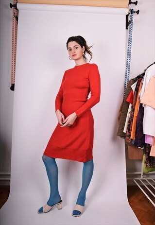 VINTAGE VIBRANT RED MIDI DRESS, S SIZE