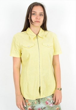 Women's M Zip Up Shirt Jacket Top Blouse Short Sleeve Yellow