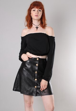 VINTAGE 80S BLACK SOFT LEATHER BUTTON MINI SKIRT