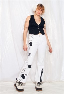 Vintage Flare Jeans Y2K Reworked Painted Trousers in White
