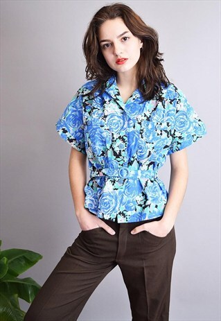 70'S RETRO MOD FLORAL BLOUSE TOP WITH MATCHING BELT