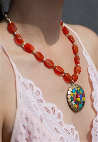 ORANGE STATEMENT BEADED NECKLACE WITH MOSAIC PENDANT