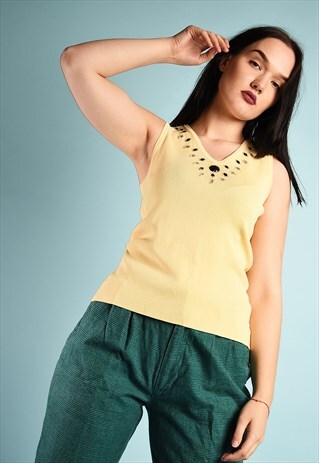 VINTAGE Y2K RETRO BEADED MINIMALIST TOP IN PASTEL YELLOW