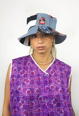 Reworked Patchwork bucket hat - denim and stripes