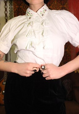 Vintage 90s / Y2K White Ruffle Blouse With Beaded Collar