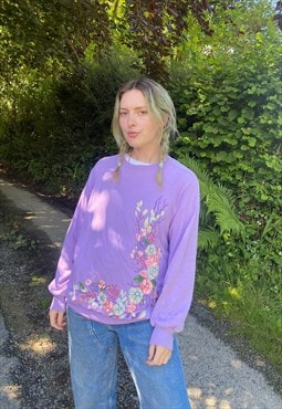 Vintage Size L Floral Sweatshirt In Purple