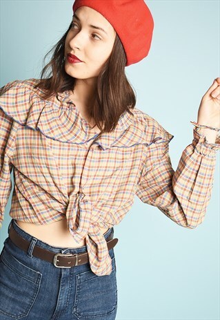 80'S RETRO CHECKED TARTAN PARIS CHIC RUFFLE SHIRT TOP