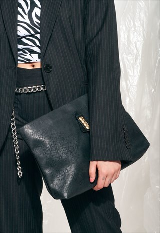 VINTAGE CLUTCH 80S FAUX LEATHER BLACK HANDBAG