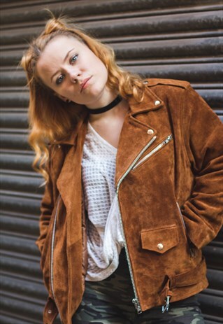 80'S STYLE GENUINE BROWN SUEDE BIKER JACKET (OVERSIZED FIT)