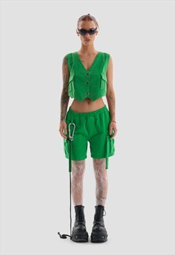 Clubland Co-Ord Green Button Up Technical Cargo Waist Coat 